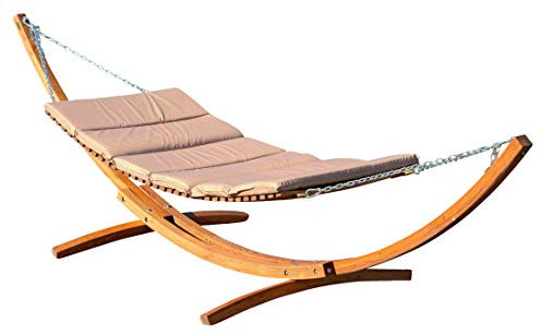 ALEOS. AS-S 400cm XXL Luxus Hängemattengestell Caribe aus Holz Lärche mit Holzhängematte mit Holzstreben und 4 Aufnahmen inkl. Auflage