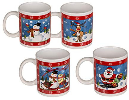 Invero Set of 4 Christmas Snowman Santa Claus Reindeer Printed 12oz (350ml) Fine Bone China Drinking Mugs Ideal for Tea, Coffee, Latte, Hot Chocolate, Gifts and more