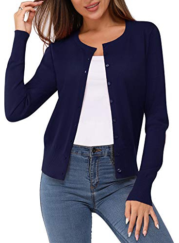 Newshows Women's Solid Button Down Long Sleeve Classic Crew Neck Knit Cardigan Sweater