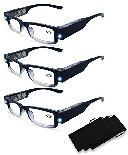 DuanMei 3 Pack Reading Glasses with Lights and Magnifier Reading Glasses with Lights in The Frame Bright Led Readers Magnifying Glass with Light for Men Women Led Readers Eyeglasses+3.0