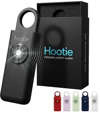 Hootie Personal Keychain Alarm - Hand Held Safety Siren for Self Defense and Emergency, Loud Pocket and Key-Chain-Safe Sound Device with Panic Strobe Light, Black
