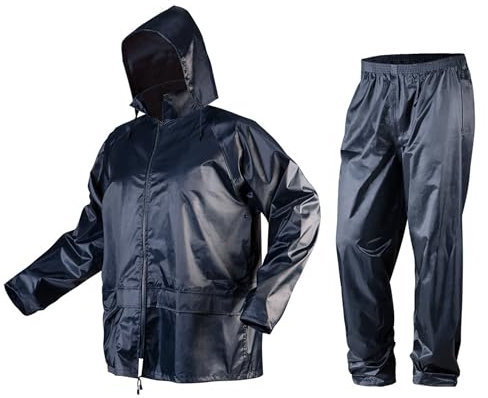 NEO TOOLS Herren Regenset, Regenmantel mit Kapuze und Regenhose Gr. M-XXXL verklebte Nähte, Reißverschlüsse und Taschen vor Wasser geschützt, Ventilationsöffnungen, 170g/m2 Blau oder 310g/m2 Grün