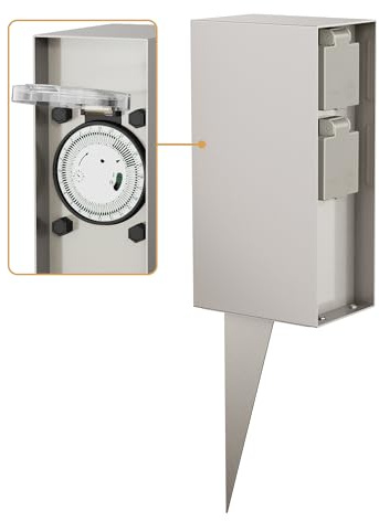 ledscom.de Trädgårdsuttag POMI med jordspik för utomhusbruk, IP44, timer/timer, 2-faldig, rostfritt stål, vinklad, 23cm