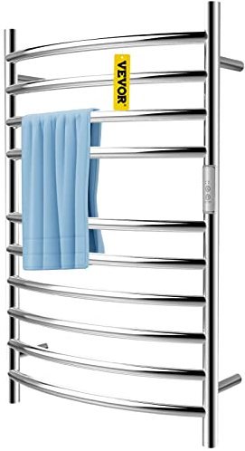 VEVOR Radiador Toallero Eléctrico 10 Barras Calentador de Toallas 220V 120W Toallero Calentado Acero Inoxidable Secatoallas de Baño IP55 2 Modos Seca y Calienta Toallas Carga de 11 libras Diseño Curvo