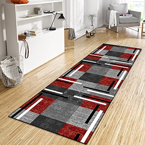 WTHYGB Teppich Läufer Flur Küche 70x220 cm, Modern rutschfest Waschbar Küchenläufer Flurläufer, Lang Polyester Plaid Dunkelgrau-Rot Teppichläufer für Korridor, Schlafzimmer, Innen Wohnzimmer