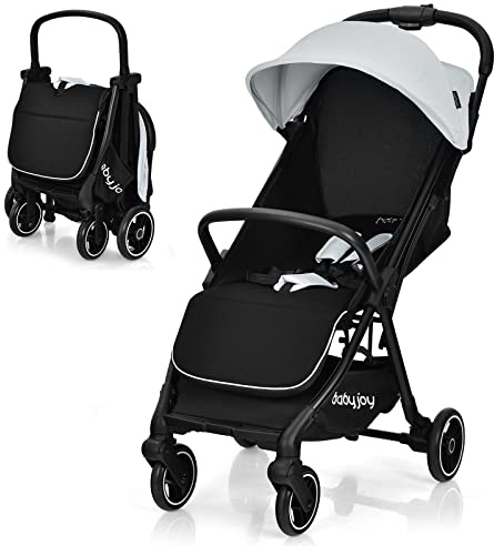 GOPLUS Zusammenklappbarer Kinderwagen, Buggy mit Verstellbarer Rückenlehne & Fußstütze & Bremse, 5-Punkt-Gurt, Einhändiges Sammeln, Vordach mit Fenstern, Aufbewahrungstasche, für 0-3 Jahre (Grau)