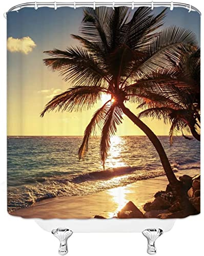 Duschvorhang 120x200 Palme, Wasserdicht Anti Schimmel Duschvorhänge 3D Meereslandschaft, Shower Curtains Waschbar mit 8 Ringe, Duschrollo für Badewanne, Dusche Badezimmer