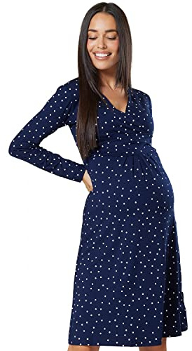 HAPPY MAMA Damen Viskosejersey Umstandskleid Schwangerschafts Kleid Langarm 890p (Marine mit kleinen weißen Punkten, 38, M)