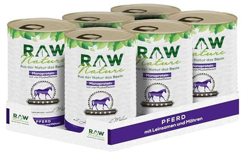 RAW Nature Pferd Pur Hunde-Nassfutter – 6 x 400 g, Leinsamen, Monoprotein | Getreidefreies Alleinfuttermittel für Hunde mit Pferd als einziger tierischer Proteinquelle, viel Fleisch und Leinsamen.