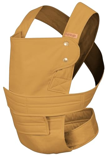 marsupi Babytrage für Neugeborene ab Geburt bis 15kg - kompakte Babytrage mit stabilem Klettsystem - aus luftigem Baumwoll-Leinen-Gewebe, Butterscotch (S/M)