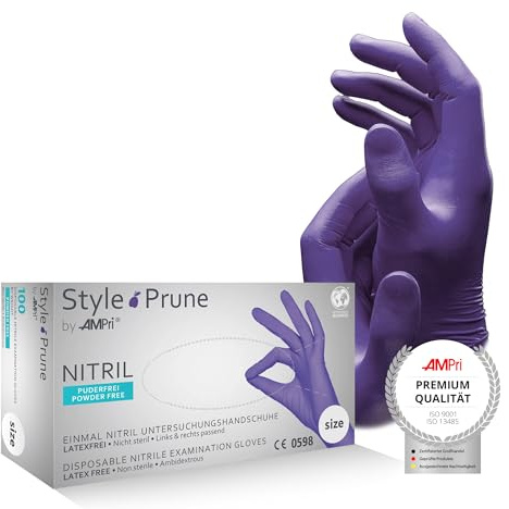 AMPRI Nitrilhandschuhe, dunkellila, 100 Stück/Box,Größe XL, puderfrei, Style Prune by Med-Comfort: Nitril Einmalhandschuhe, Einweghandschuhe in den Größen XS, S, M, L, XL