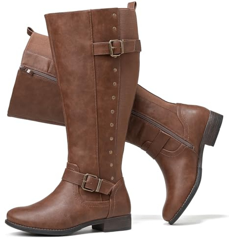 Luoika Women's Extra Wide Calf Knee High Boots, Wide Width Round-Toe Blocked Heel Winter Tall Boots., Brown 421, 7 X-wide