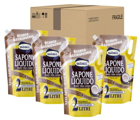 Milmil Sapone Liquido, Fragranza Cocco, Ricarica Universale Maxirisparmio, Dermatologicamente Testato - 4 x 2000 ML