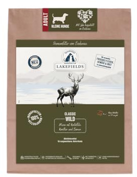 Lakefields Classic Hundefutter trocken | Wild 60% | 4 x 1kg | Getreidefreies Trockenfutter | Für kleine ausgewachsene Hunde | Heidelbeere, Karotte & Birne | Extra kleine Kroketten | Schonend gebacken