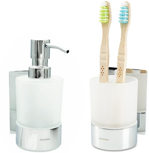 Dolvhin Seifenspender und Zahnputzbecher Set | Milchglas Handseifenspender & Zahnbecher | Edelstahl Zahnputzbecherhalter ohne Bohren | Wandseifenspender zum Kleben | Badezimmer Set | Chrom poliert
