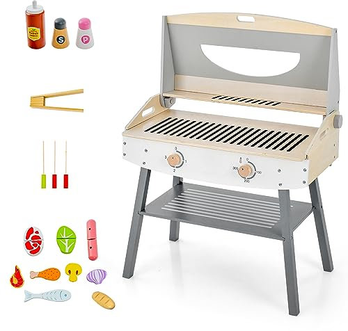 COSTWAY Kinder Grillspiel Set, Spielküche aus Holz mit Klammer & Zubehören, BBQ Spielset Spielzeug-Grill für Mädchen & Jungen ab 3 Jahren