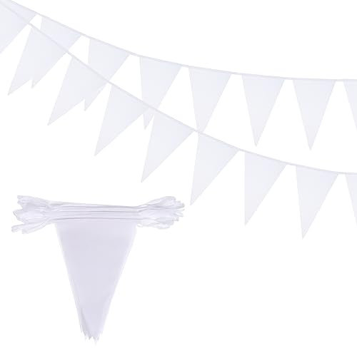 QUARKZMAN 2uds 50 Ft Blancas Pancarta Banderas Cadena Triángulo Colgante Triángulo Banderines para Decoraciones Fiestas Festivas, Bodas, Cumpleaños