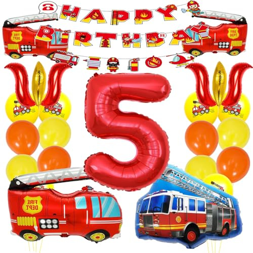 ZWWsullo Folienballon Luftballon deko 5 geburtstag junge Feuerwehrauto 5 Geburtstag Luftballon Happy Birthday Deko Feuerwehr Geburtstag Deko 5 Jahre Feuerwehrauto Folienballon