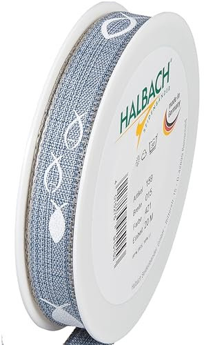 Halbach Seidenbänder Geschenkband Fische | 15mm x 20m | Schleifenband für Konfirmation und Kommunion | Stoffband mit Leinenanteil als Deko für christiliche Anlässe | Farbe: dunkelblau/weiß