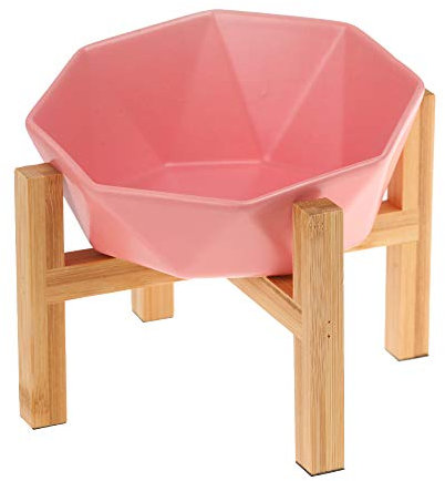 Pink with stand Ceramic Tilted Elevated Raised Pet Bowl with bamboo Stand for Cats and Dogs No Spill Pet Food Water Feeder
