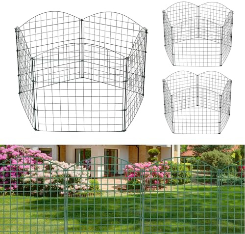 Fiqops Teichzaun Gartenzaun Steckzaun Komplettset Metall 15 Zaunelemente Länge 11,25 m, Inkl 18 Befestigungsstäbe, Hundezaun, Gitterzaun Set für Tierbarriere (Oberbogen,Grün)