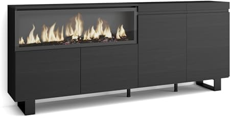 Skraut Home | Sideboard, Highboard | Kommode, Komodenschrank | 210 | 4 Türen | Elektrokamin XXL | Industriedesign | Moderner Stil | Schwarz