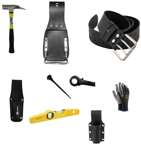 GERÜSTBAU PROFI SET Magnet Wasserwaage 25cm + Gerüstbauratsche 19/22 + Latthammer + 3 Halter + Gürtel 120cm, Schwarz (Gürtel 140cm)
