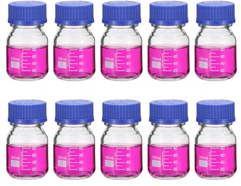 PATIKIL 10 Pack Reagent Media Storage Bottles, 100ml Borosilicate Glass Graduated Round Bottles with GL32 Blue Screw Cap for Lab Water Reagent Liquids, Clear