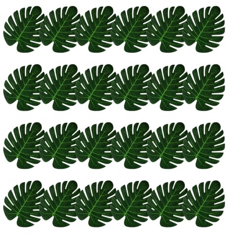 XIHIRCD 24uds Hojas de Palma Artificiales, Hojas Artificiales Tropicales de 18cm Hojas Verdes de Monstera Sintéticas para Decoración de Mesa de Cumpleaños Hawaiana Fiesta Luau en la Selva
