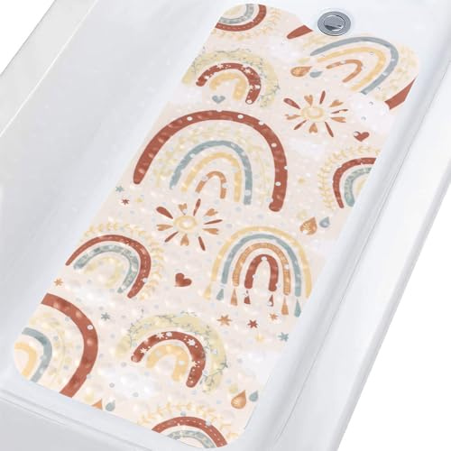 Topotdor Baby Bathtub Mat Non Slip for Kids, 40 X 16 Inch Cute Cartoon Bath Tub Shower Mat Anti Slip with Suction Cups & Drain Holes, Boho Rainbow