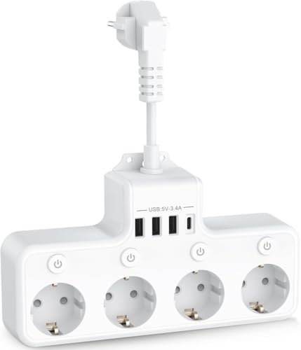 8 en 1 Multiprise USB 4 Prises avec 4 Ports USB Chargeur de Voyage (5V/3A,5V/2.4A) Multi Prise Multiple Electrique 3680W 16A avec 4 Interrupteur Individuel Multiple pour Maison, Bureau-Blanc