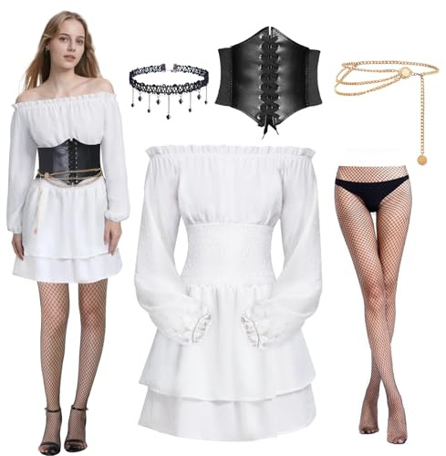 Joellfuner Robe Médiévale pour Femmes, Robe Blanche Pirate pour Femme, Épaules Dénudées Rétro Renaissance Deguisement avec Ceinture Corset, Chaîne de Taille et Bas de Soie (Manches longues, M)