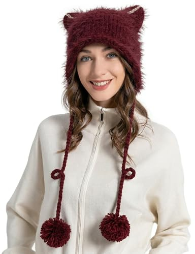 ZLYC Damen Katzenohr Slouchy Strickmütze Grunge Niedlich Wintermütze
