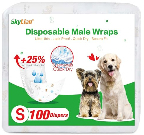 Dog Diapers Male Disposable Super Absorbent, 100 Count, Male Dog Wraps Leak Proof, Ultra Dry & Breathable, Small