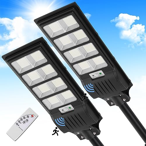 Dibaful 400w Lampadaire Solaire Exterieur - 6500k 10000lm DéTecteur de Projecteur LED Jardin Lampe avec TéLéCommande 720 LED Blanc Froid IP65 Impermable Pour Garage Rue Éclairage public 2PCS