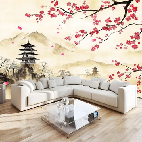 Photo Papier Peint 200 x 140 cm Intissé Murale Jaune Clair Panoramique Poster Papier Peint Style Japonais Fleurs de Cerisier Montagnes Photo Murale Tenture Murale pour Appartement Décoration Salon