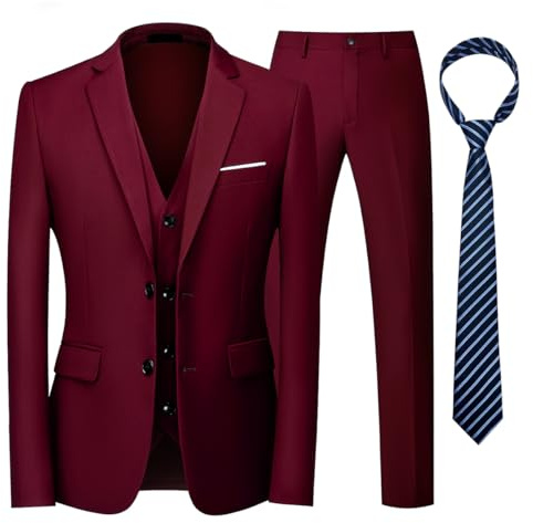 KUDORO Trajes para hombre de 3 piezas, corte ajustado, una sola fila, dos botones, para bodas, negocios, hombre, 3 piezas, formal, chaqueta, chaleco, pantalones con corbata