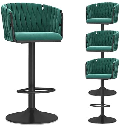 Set mit 4 verstellbaren Barhockern aus grünem Samt mit gewebter Rückenlehne, moderne Drehhocker für Küche, Zuhause, Bar, Esszimmer, Metallsockel, Thekenhöhe, Stühle für Komfort und Stil