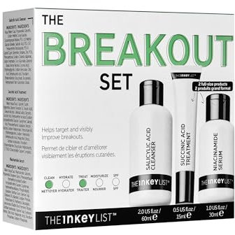 The INKEY List Breakout Set, Salicylic Acid Cleanser, Niacinamide Serum & Succinic Acid Treatment, Nourishing Skincare Set, Targets Breakouts, Suitable For Blemish Prone Skin
