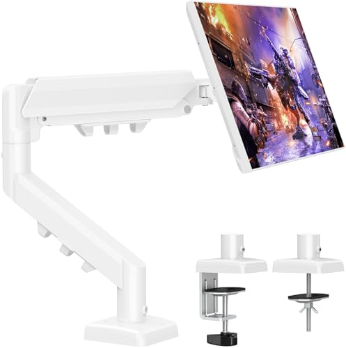 ELIVED Single Monitor Arm - Adjustable Gas Spring Monitor Stand for 13-32 Inch Screens up to 9KG, Ergonomic Desk Mount with Tilt, Swivel & Rotate, VESA 75/100mm, 2 Mounting Clamp, White, EV6013W