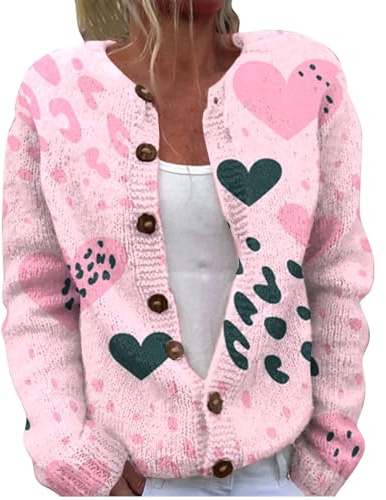 Damen-Strickjacke, Winter, Liebe, Herz, niedliches Muster, bedruckt, Strickpullover, Knopf, Rundhalsausschnitt, Wollpullover, vorne offen, trendig, Outwear, Mantel, klassische Passform, Tunika, Top,