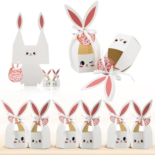 DUYUMOTO 20Pcs Bunny Easter Treat Boxes with Ribbon, Rabbit Ears Paper Decorative Gift Box, Egg Hunt Basket, Spring Party Container for Classroom Cookie Candy Sweet Favors