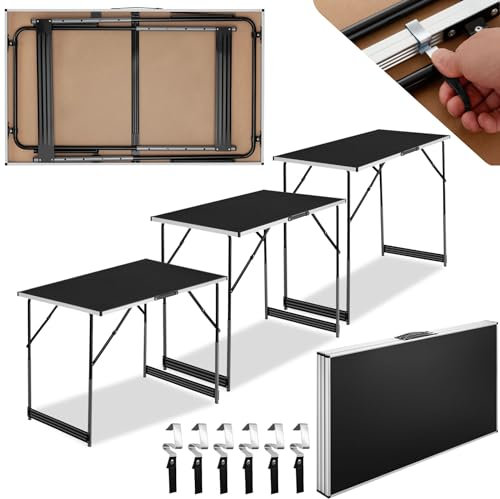 TecTake® Set de 3 Mesas Auxiliares Ajustables en Altura a 4 Niveles, Mesas Camping Plegables, Mesas de Trabajo, Picnic, Fiestas, Bricolaje, 100x60, Multiusos, Fácil Montaje, Tableros en MDF - Negro