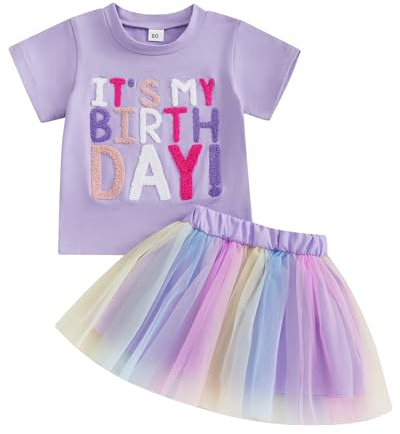 MAHUAOYIXI Baby Girl 2Pcs Birthday Outfits Short Sleeve Letter Embroidery Tops T-Shirt + Tutu Glitter Tulle Skirt Set Toddler Girls Clothes Girls Birthday Clothing Set