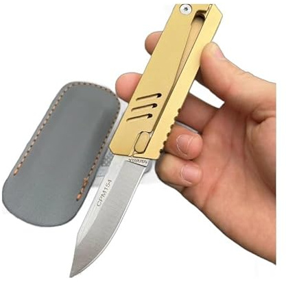 Amacigana Navaja de Gravedad cuchillos de gravedad CPM154, Funda de Cuero Incluida y Diseño Compacto (oro)