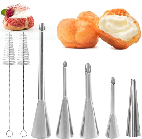 Denipry 7 PCS Cream Icing Piping Nozzle Tip Stainless Steel Long Cream Puff Piping Tips with 2 Brushes Cake Decorating Tools Multipurpose Pastry Piping for Puffs Cupcakes Filling Donuts Other Pastries