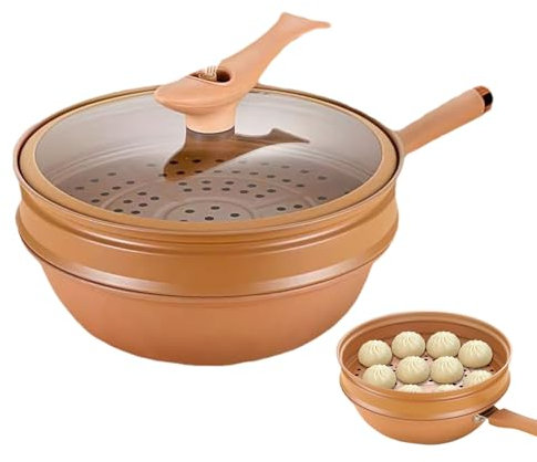Wok de hierro de 12.6 pulgadas con tapa, olla antiadherente de arcilla wok de hierro saludable, olla de vapor y cocina, con cesta de vapor, sartén antiadherente para freír, estofar y freír para