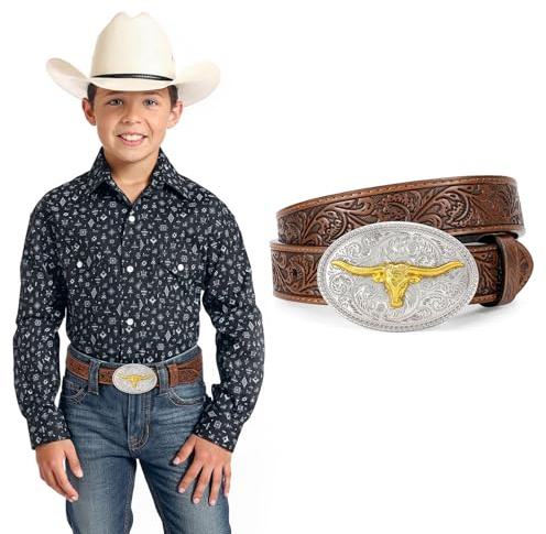 XIAOWU Kinder Cowboy Gürtel für Jungen Mädchen, 2,8 cm Breite Western Geprägte Echte Leder Gürtel für Jeans Hose Kleider Geschenk