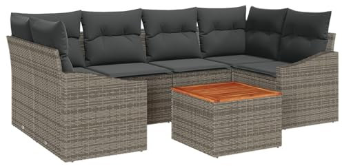 vidaXL 7-delad trädgårdsoff set med kuddar i grå poly rattan och akacia för utomhus, patio möbler, sittplatser, modulär soffa, kärlekssoffa, stol, 2-sits