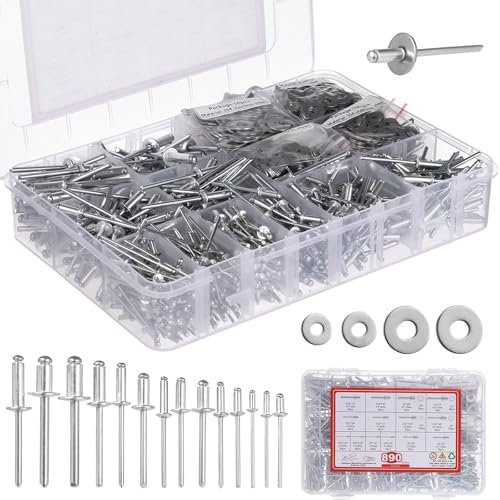 Kit di 890 rivetti in alluminio con rondelle in acciaio inox, assortimento di 14 dimensioni di rivetti e 4 rondelle per la lavorazione dei metalli e altro